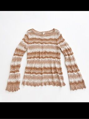 Women’s Striped Open Knit Long-Sleeve Top - Cream & Brown Hem & thread